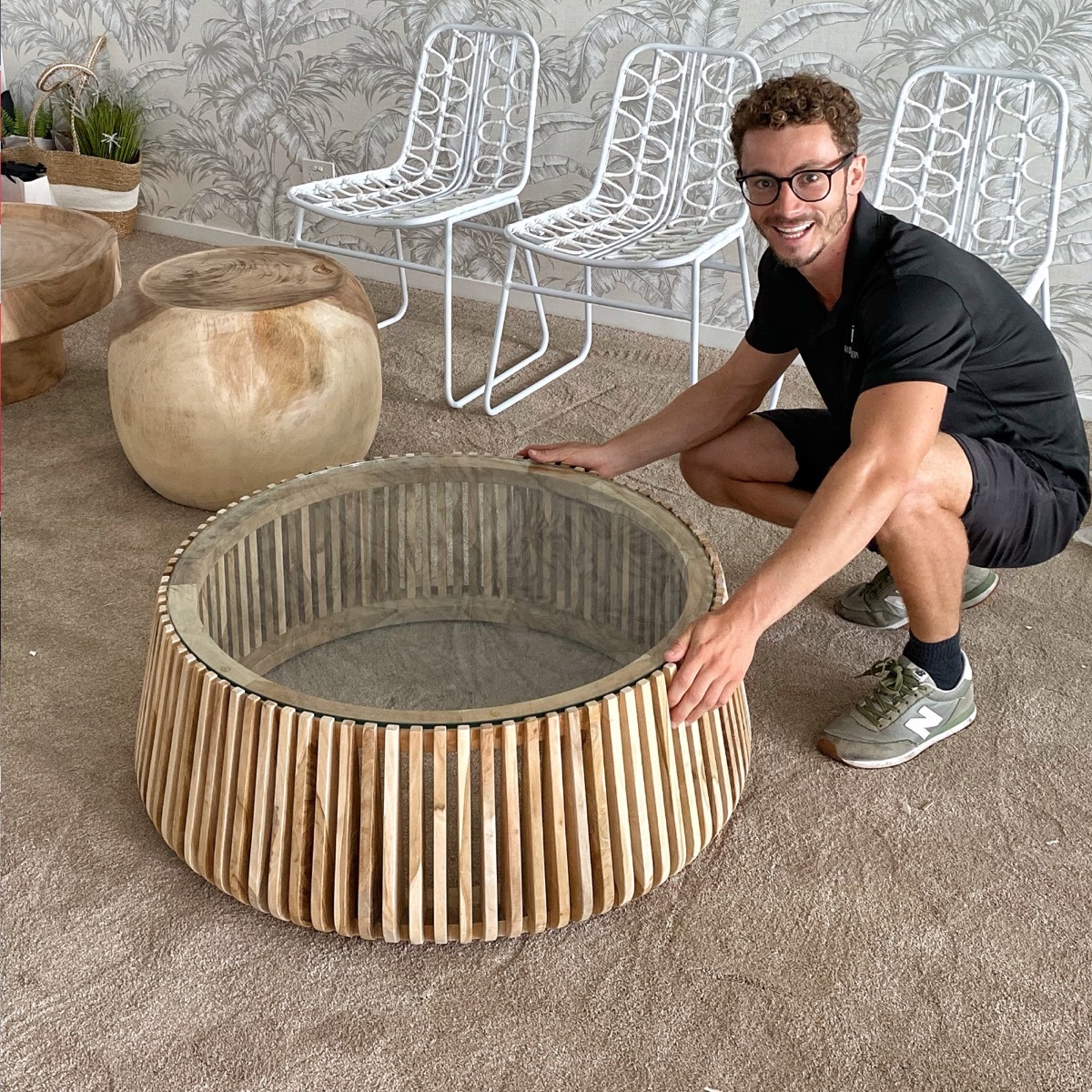 Delivering a round timber coffee table for an interior designer